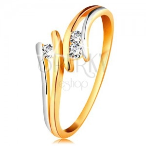 Gyémánt 585 arany gyűrű, három csillogó átlátszó briliáns, osztott kétszínű szárak