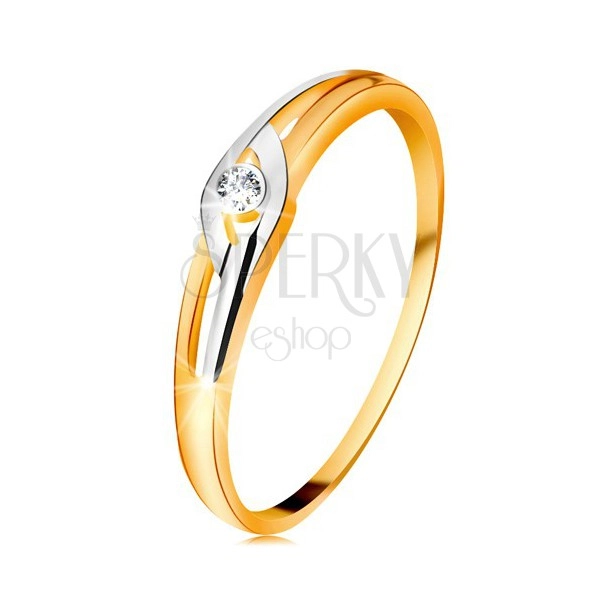 Gyémánt gyűrű 14K aranyból, kétszínű szárak kivágásokkal, átlátszó briliáns
