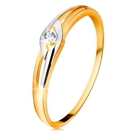Gyémánt gyűrű 14K aranyból, kétszínű szárak kivágásokkal, átlátszó briliáns - Nagyság: 52
