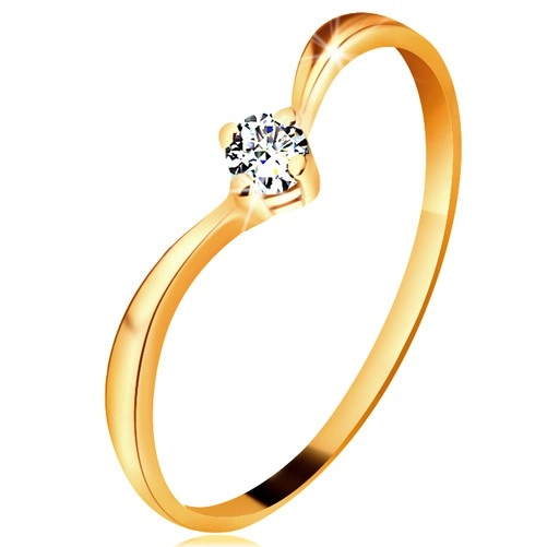 Gyűrű sárga 585 aranyból - fényes hajlított szárak, csillogó átlátszó gyémánt - Nagyság: 56