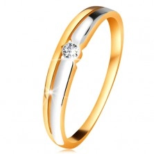 Briliáns gyűrű 14K aranyból - átlátszó gyémánt kerek foglalatban, kétszínű vonalak