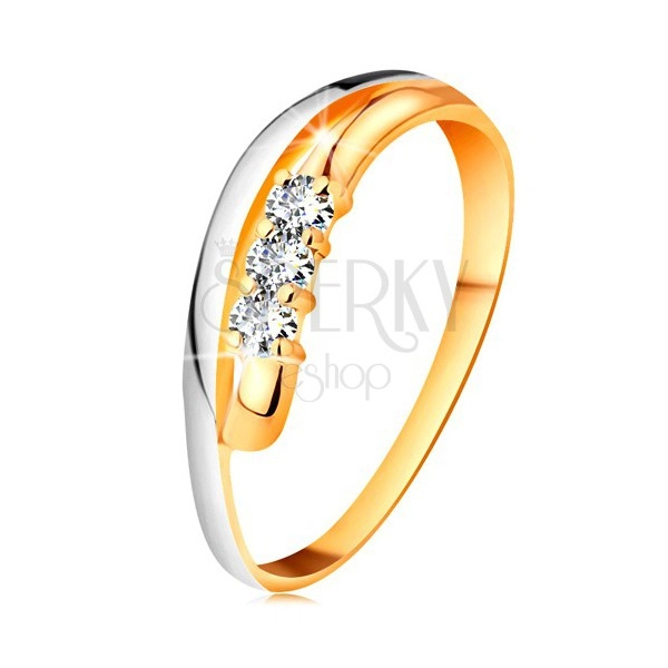 Briliáns gyűrű 14K aranyból, hullámos kétszínű szárak, három átlátszó gyémánt
