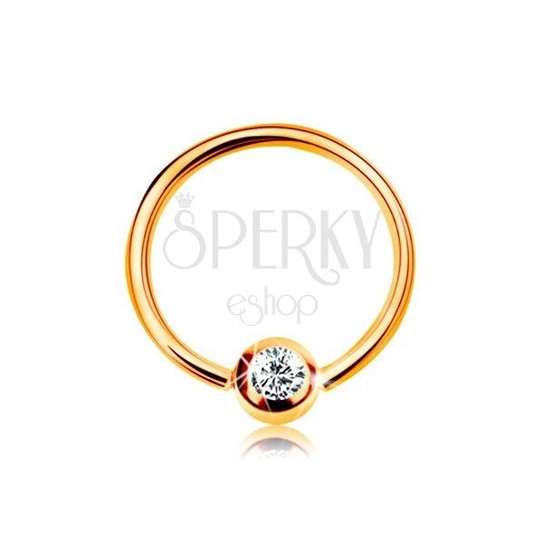 9K arany piercing - fényes karika és golyó beültetett cirkóniával átlátszó színben, 8 mm