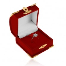 Piros bársony doboz gyűrűre, medálra vagy fülbevalóra, részletek arany színben