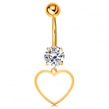 9K arany köldök piercing - átlátszó cirkónia, szimmetrikus szív vékony körvonala