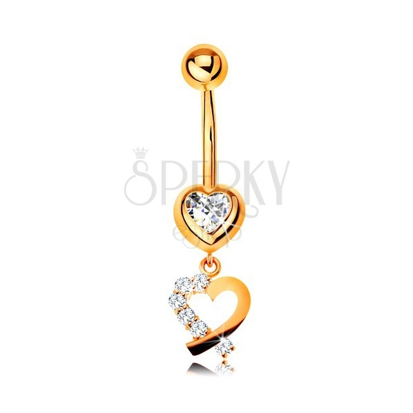 9K arany piercing köldökbe - cirkóniás szív, szív körvonal csillogó féllel