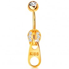 Köldök piercing sárga 9K aranyból - cirkóniákkal és KISS felirattal díszített cipzár