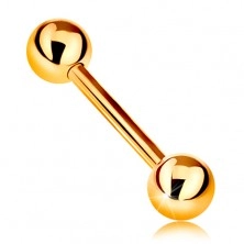 9K arany piercing - fényes barbell két csillogó golyóval, sárga arany, 12 mm