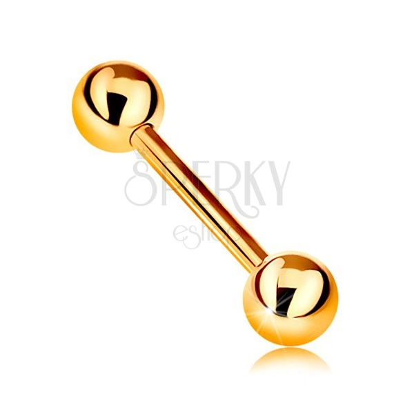 9K arany piercing - fényes barbell két csillogó golyóval, sárga arany, 12 mm