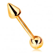 9K arany piercing - fényes egyenes súlyzó golyóval és kúppal, 10 mm