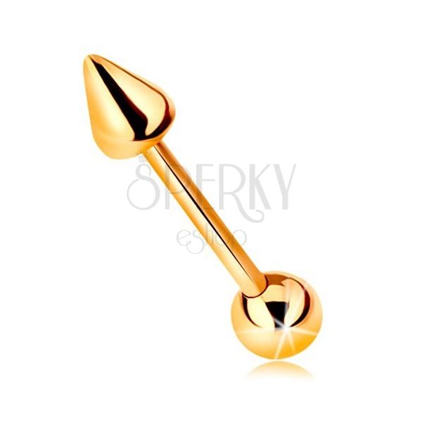 9K arany piercing - fényes egyenes súlyzó golyóval és kúppal, 10 mm