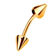 585 arany piercing - hajlított súlyzó két kúp alakú tüskében végződve, 8 mm