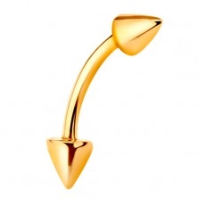 Piercing sárga 14K aranyból - fényes hajlított, két kúpban végződő súlyzó, 9 mm
