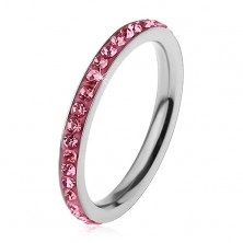 Gyűrű sebészeti acélból ezüst színben, csillogó cirkóniák rózsaszín árnyalatban