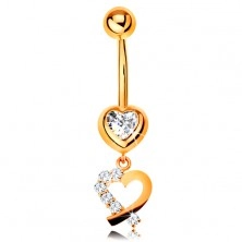 14K arany piercing köldökbe - cirkóniás szív, szív körvonal csillogó féllel