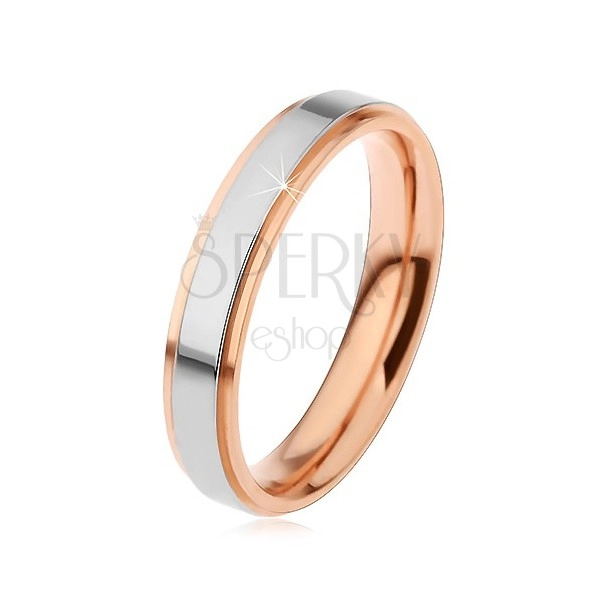 Fényes acél gyűrű, kiemelt sáv ezüst színben és réz színű szélek, 4 mm