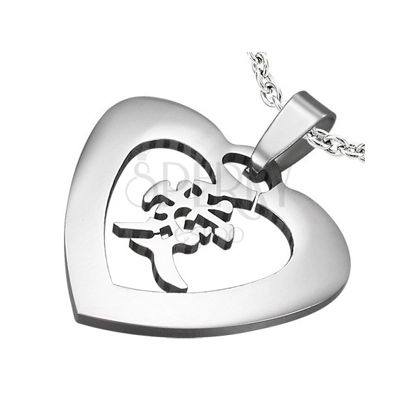 Ezüst színű acél medál - szív a szerelem kínai szimbólumával