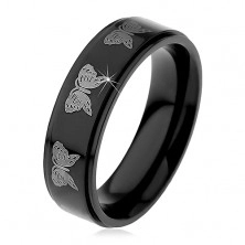 Fekete acél gyűrű, lepkék lenyomatai ezüst színben, 6 mm