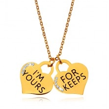 Acél nyaklánc arany színben, két szív alakú medál felirattal és cirkóniákkal