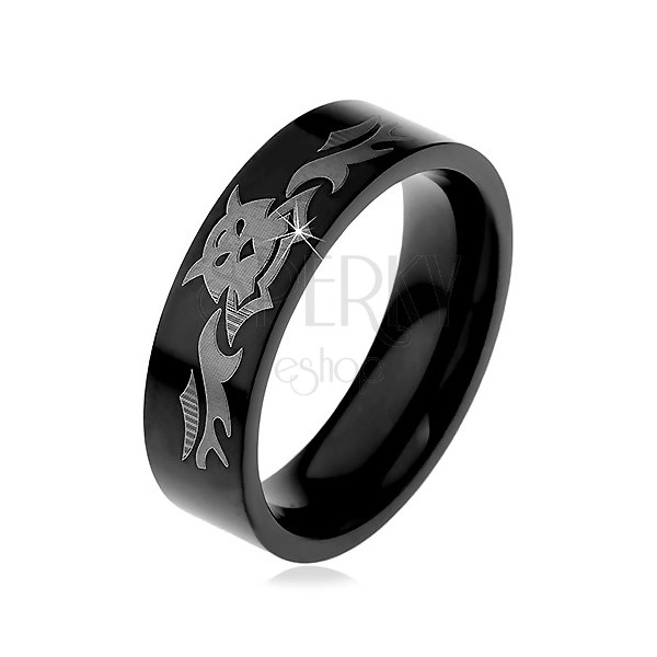 Acél gyűrű, fényes fekete felület denevérek motívumával, 6 mm