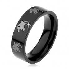 Fekete acél gyűrű, farkas lenyomattal ezüst színben, 6 mm