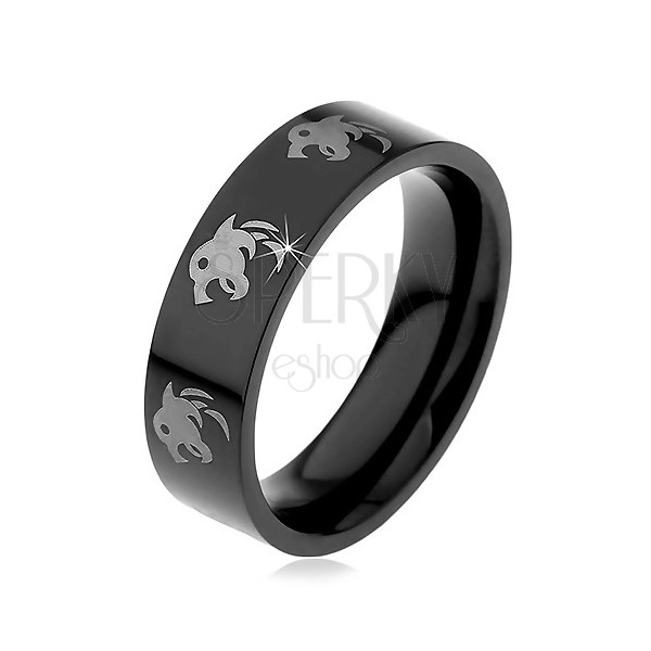 Fekete acél gyűrű, farkas lenyomattal ezüst színben, 6 mm