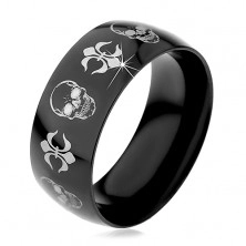 Acél gyűrű fekete felülettel, koponyák és Fleur de Lis szimbólum ezüst színben, 9 mm
