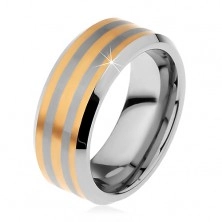 Kétszínű volfrám gyűrű három arany színű sávval, fényes-matt, 8 mm