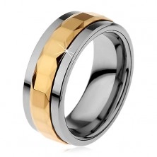 Gyűrű volfrámból, ezüst és arany szín, forgatható sáv négyzetekkel, 8 mm