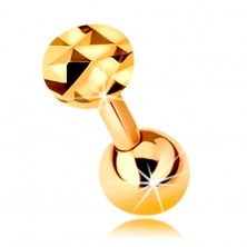 9K arany piercing fülbe - fényes egyenes súlyzó golyóval és csiszolt körrel, 5 mm