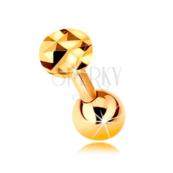 9K arany piercing fülbe - fényes egyenes súlyzó golyóval és csiszolt körrel, 5 mm