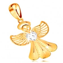 Kétszínű medál 14K aranyból - fényes angyal filigrán szárnyakkal és szívvel
