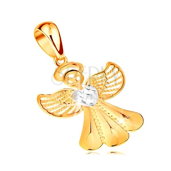 Kétszínű medál 14K aranyból - fényes angyal filigrán szárnyakkal és szívvel