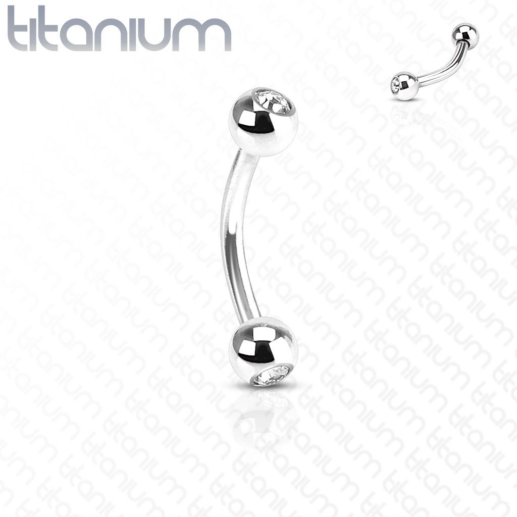 Titánium piercing ezüst színben, hajlított súlyzó és golyók átlátszó cirkóniákkal - Méret: 1,2 mm x 6 mm x 3 mm