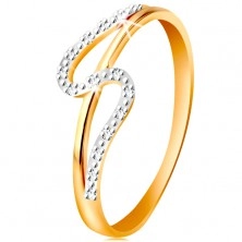 Gyémánt gyűrű 14K aranyból, egyenes és hullámos szár, apró átlátszó gyémántok