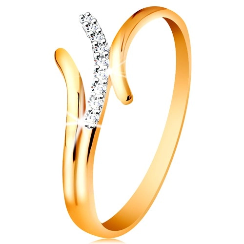 14K arany gyűrű, hullámos kétszínű szárak, beültetett átlátszó cirkóniák - Nagyság: 51