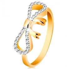 Gyűrű 14K aranyból - cirkóniákkal és fehér arannyal díszített masni, keskeny szárak