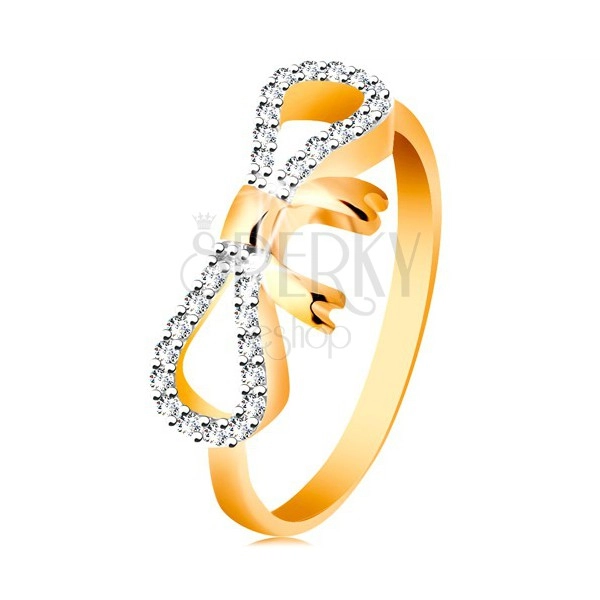 Gyűrű 14K aranyból - cirkóniákkal és fehér arannyal díszített masni, keskeny szárak