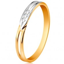 Gyűrű 14K aranyból, kétszínű szárak kivágással és három átlátszó cirkóniával