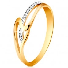 Gyűrű 14K aranyból, egyenes és hullámos szárak, apró átlátszó cirkóniák