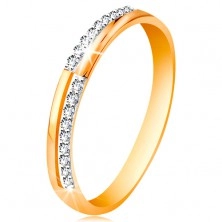 Gyűrű 585 aranyból - keskeny vonalak átlátszó csillogó cirkóniákból, fényes szárak