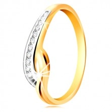 Gyűrű 14K aranyból - kétszínű hullámos szárak, átlátszó cirkóniás vonal és bemetszés