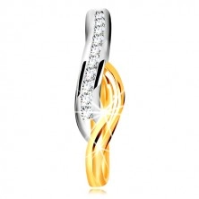 Gyűrű 14K aranyból - kétszínű hullámos szárak, átlátszó cirkóniás vonal és bemetszés