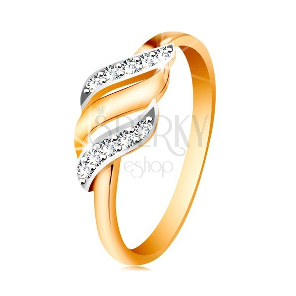 585 arany gyűrű - három hullám fehér és sárga aranyból, csillogó átlátszó cirkónia