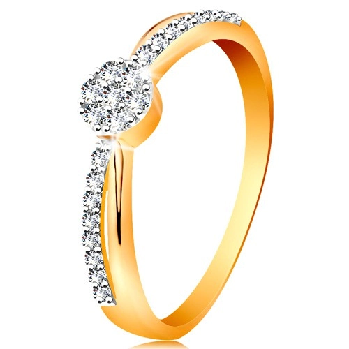Gyűrű 14K aranyból - egymást keresztező kétszínű szárak, kerek cirkóniás virág - Nagyság: 58