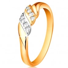 585 arany gyűrű - két hullám fehér és sárga aranyból, csillogó átlátszó cirkóniák