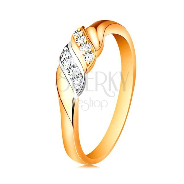 585 arany gyűrű - két hullám fehér és sárga aranyból, csillogó átlátszó cirkóniák
