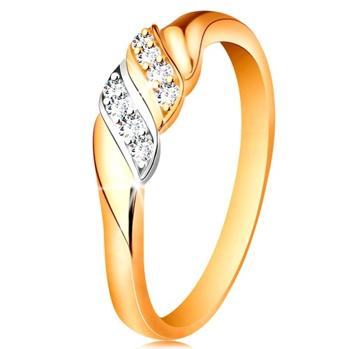 585 arany gyűrű - két hullám fehér és sárga aranyból, csillogó átlátszó cirkóniák - Nagyság: 58