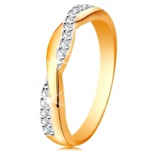 Fényes gyűrű 14K aranyból - két fonott hullám - sima és cirkóniás