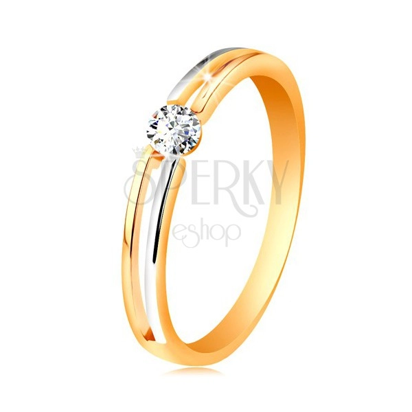585 arany gyűrű, vékony kétszínű szárak kivágással és átlátszó cirkóniával